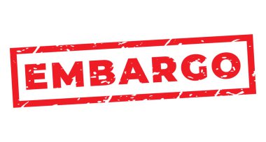 Kırmızı ambargo izole pul, çıkartma, grunge doku vektör illüstrasyonlu başlık