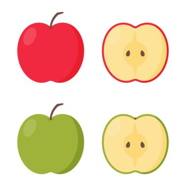 Düz çizgi film Yeşil ve Kırmızı Elma Kesimi beyaz arkaplan vektör şablonu üzerinde yarı izole
