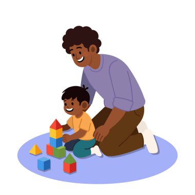 Baba ve Oğul Bloklarla Oynuyor. Düz çizgi film aile tasarımı. vektör şablonu