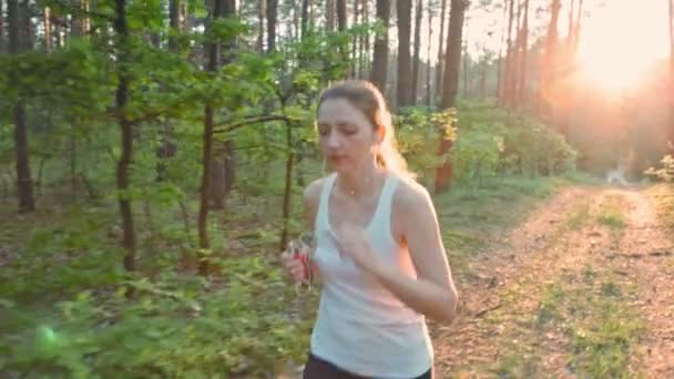 森林、スローモーションで朝走っている若い女性 — ストック動画