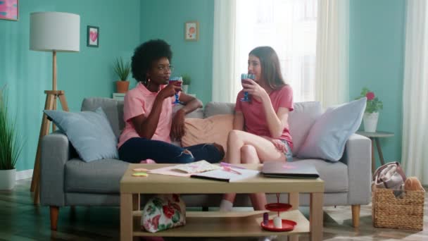 Jonge vrouwen zijn aan het chatten en drinken — Stockvideo