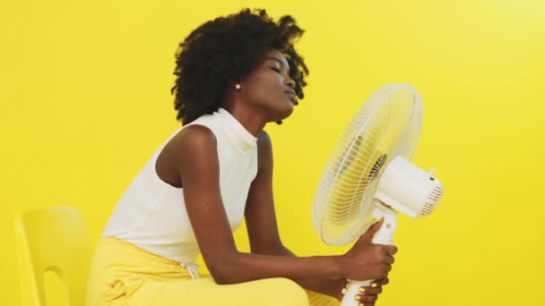 Retrato de mulher negra posando com ventilador — Vídeo de Stock
