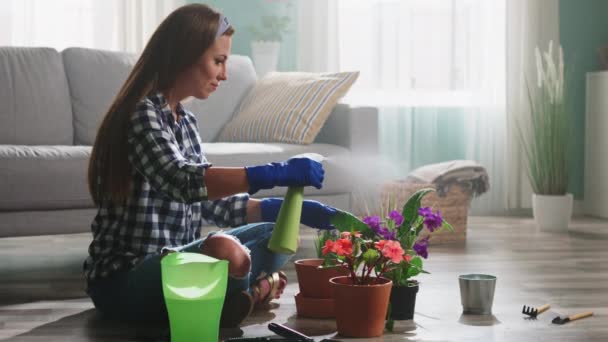 Mujer está rociando agua sobre flores — Vídeos de Stock