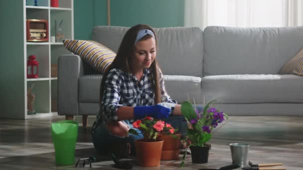 女性花屋は植物の世話をしています — ストック動画