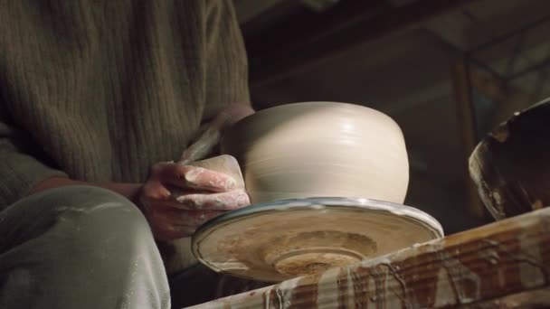 Beautiful Clay Pot Is Being Scraped by Potter — Stock Video