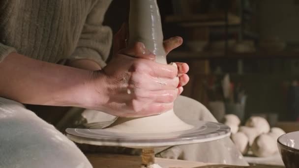 Potter Is Lifting Wet Clay Up On Potters Wheel — Stock Video