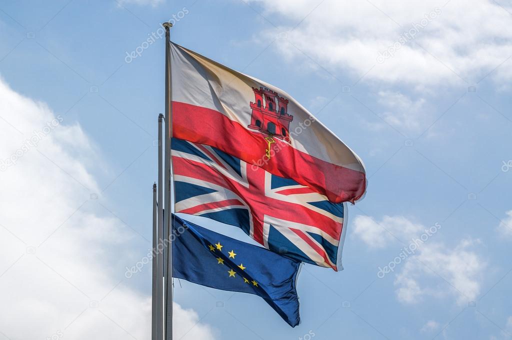 Flags of Great Britain, Gibraltar and Euro Union.