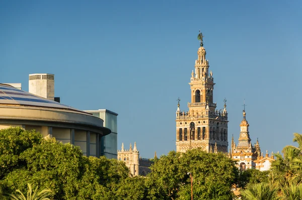 Vista del atardecer de Sevilla desde el bergantín sobre Guadalquivir, provincia de Andalucía, España . — Foto de Stock