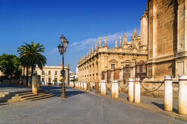 Aan de zijkant van de kathedraal en de Giralda in Sevilla, de provincie van Andalusië, Spanje. — Stockfoto