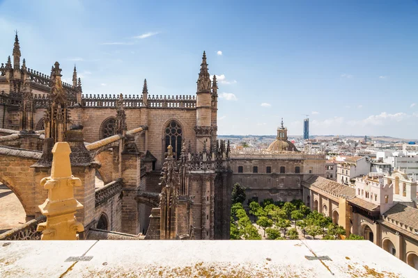Vista soleada del jardín interior de la Catedral desde el mirador de la Giralda en Sevilla, provincia de Andalucía, España . — Foto de Stock
