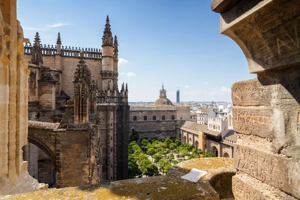 Zonnige uitzicht op innerlijke tuin van kathedraal vanuit oogpunt van de Giralda in Sevilla, de provincie van Andalusië, Spanje. — Stockfoto