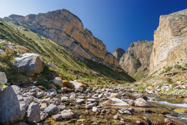 Kuzey Kafkasya, Kabardino-Balkaria, Rusya 'daki Eltyulbyu köyü yakınlarındaki güzel dağların ve nehrin güneşli manzarası.