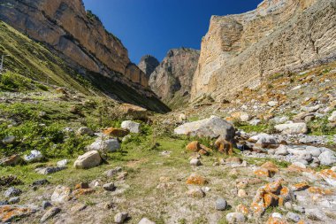 Kuzey Kafkasya, Kabardino-Balkaria, Rusya 'daki Eltyulbyu köyü yakınlarındaki güzel dağların ve nehrin güneşli manzarası.
