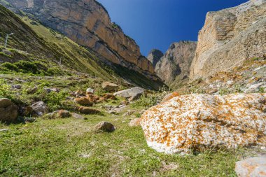Kuzey Kafkasya, Kabardino-Balkaria, Rusya 'daki Eltyulbyu köyü yakınlarındaki güzel dağların ve nehrin güneşli manzarası.