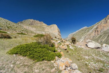 Kuzey Kafkasya, Kabardino-Balkaria, Rusya 'daki Eltyulbyu köyü yakınlarındaki güzel dağların ve nehrin güneşli manzarası.