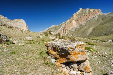 Kuzey Kafkasya, Kabardino-Balkaria, Rusya 'daki Eltyulbyu köyü yakınlarındaki güzel dağların ve nehrin güneşli manzarası.