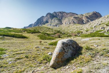 Kuzey Kafkasya, Kabardino-Balkaria, Rusya 'daki Eltyulbyu köyü yakınlarındaki güzel dağların ve nehrin güneşli manzarası.
