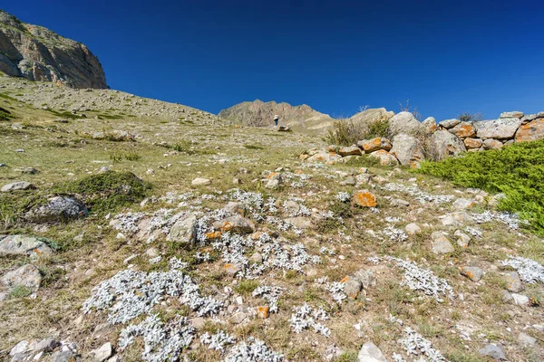 Kuzey Kafkasya, Kabardino-Balkaria, Rusya 'daki Eltyulbyu köyü yakınlarındaki güzel dağların ve nehrin güneşli manzarası.