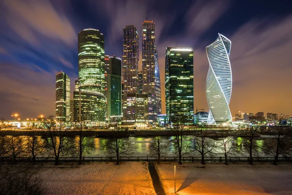 Sonnenuntergang Blick Auf Wolkenkratzer Gebäude Des Geschäftskomplexes Moscow City Moskau Stockbild