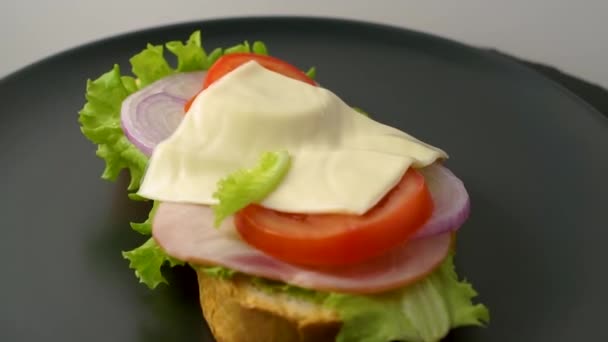 맛있는 샌드위치는 위에서 풍경으로 회전한다 — 비디오