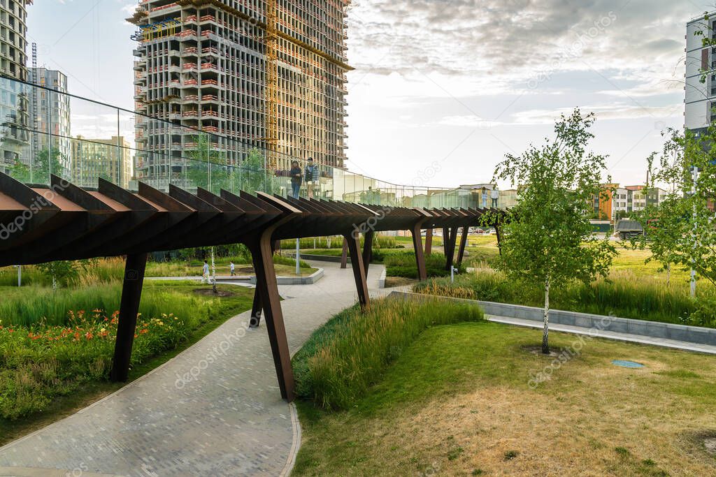 Sunset view of architecture park Tufeleva roscha, Moscow, Russia.