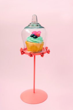 Tereyağı krema ve blueberry pembe çiçekli pembe bir arka plan üstüne yemek cam ile vanilya ile cupcakes