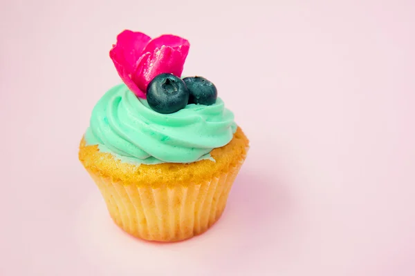 Cupcakes con crema de mantequilla y vainilla con arándanos con flores rosadas sobre fondo rosa —  Fotos de Stock