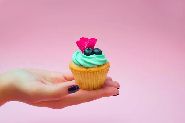 Cupcakes con crema de mantequilla y vainilla con arándanos con flores rosadas en la mano sobre fondo rosa —  Fotos de Stock