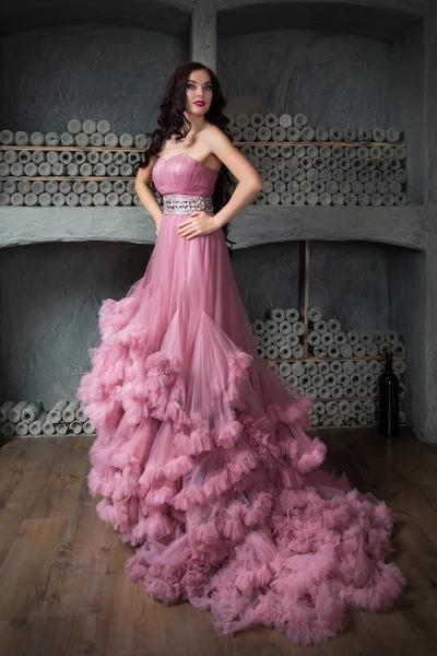 긴 핑크 드레스에 젊은 아름 다운 여자의 초상화 — 스톡 사진