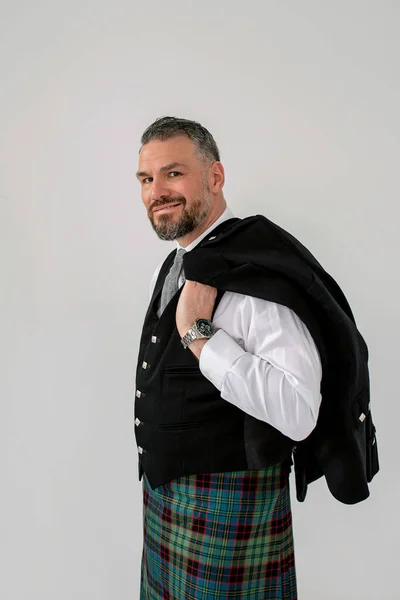 Красивый Зрелый Мужественный Стильный Шотландец Килте Костюме Стиль Мода Образ — стоковое фото