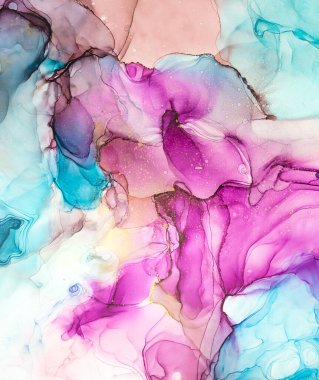 Şeffaf renk akıntıları, yılan gibi kıvrılan altın kıvrımları ve köpüklü renk spreyleri bu serbest akan dokuların mermerini şekillendirir. Mermer teknikleri, alkol mürekkebi, modern soyut tablolar. 