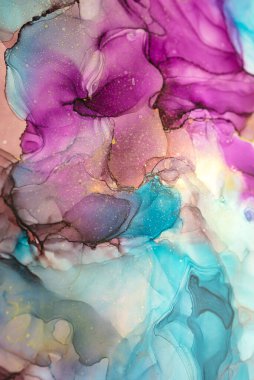 Şeffaf renk akıntıları, yılan gibi kıvrılan altın kıvrımları ve köpüklü renk spreyleri bu serbest akan dokuların mermerini şekillendirir. Mermer teknikleri, alkol mürekkebi, modern soyut tablolar. 