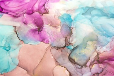 Şeffaf renk akıntıları, yılan gibi kıvrılan altın kıvrımları ve köpüklü renk spreyleri bu serbest akan dokuların mermerini şekillendirir. Mermer teknikleri, alkol mürekkebi, modern soyut tablolar. 