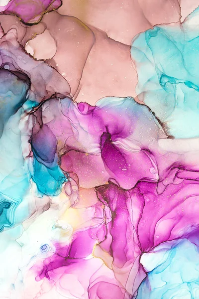 半透明の色合いの電流 金の渦巻きを点滅させ 泡状の色のスプレーは これらの自由な流れのテクスチャの大理石を形成します 驚異的なテクニック アルコールインク 現代の抽象画 — ストック写真