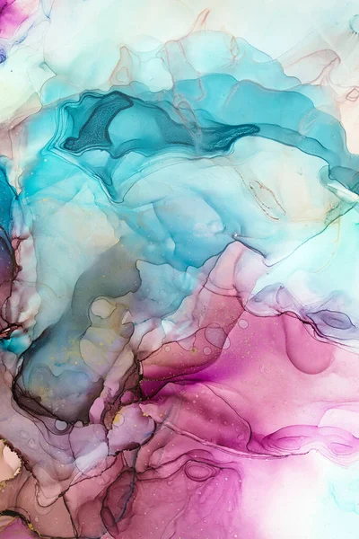 半透明の色合いの電流 金の渦巻きを点滅させ 泡状の色のスプレーは これらの自由な流れのテクスチャの大理石を形成します 驚異的なテクニック アルコールインク 現代の抽象画 — ストック写真