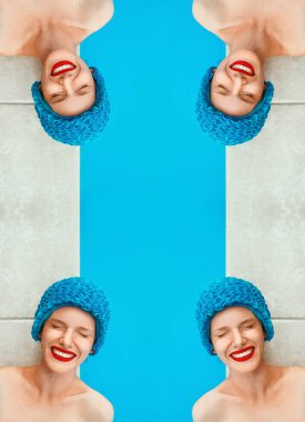 Havuzun kenarında duran bilardo şapkalı dört güzel kadının portresi. Yaz, sağlık, dinlenme, tatil, seyahat konsepti.