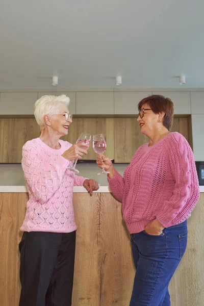 Duas Mulheres Seniores Elegantes Suéteres Rosa Bebendo Vinho Rosa Fofocas — Fotografia de Stock