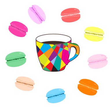 Mozaik ile beyaz arka plan üzerinde renkli macaroons kahve fincan