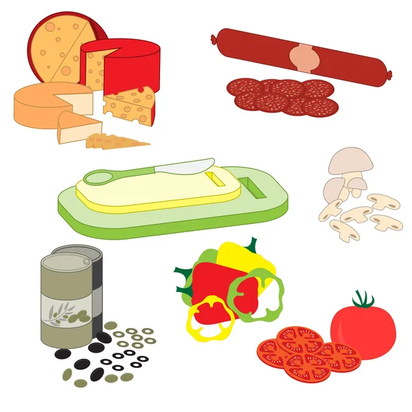 Ilustración colorida: conjunto de productos en rodajas sobre un fondo blanco — Vector de stock