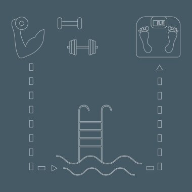 Spor yaşam tarzı güzel resim: el dambıl, barbell, Yüzme Havuzu ve bir renk arka plan üzerinde ölçekler