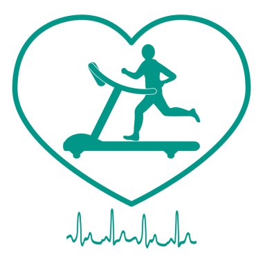Kalp simgesi ve beyaz bir arka plan üzerinde kalp ritmi içinde bir koşu bandı üzerinde koşu adamın stilize simgesi