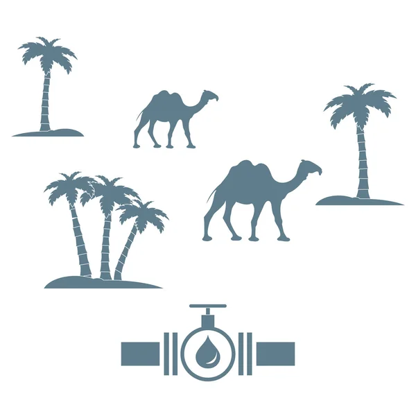 Stilisiertes Symbol der Pfeife mit Ventil und Treibstofftropfen auf weißem Hintergrund mit Palmen und Kamelen — Stockvektor