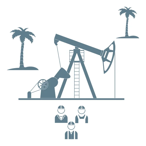 Icona stilizzata delle attrezzature per la produzione di olio su uno sfondo chiaro con palme e tre sagome di lavoratori petroliferi — Vettoriale Stock