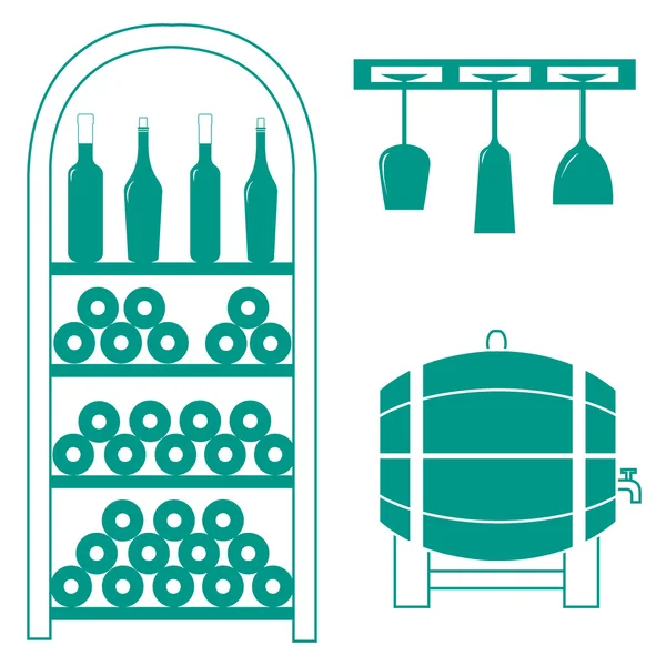 Icona stilizzata di un portabottiglie colorato, bottiglie di vino, bicchieri di vino e botte di vino su sfondo bianco — Vettoriale Stock