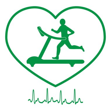 Kalp simgesi ve beyaz bir arka plan üzerinde kalp ritmi içinde bir koşu bandı üzerinde koşu adamın stilize simgesi