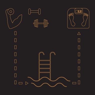 Spor yaşam tarzı güzel resim: el dambıl, barbell, Yüzme Havuzu ve bir renk arka plan üzerinde ölçekler