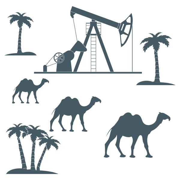 Stilisierte Ikone der Ausrüstung für die Ölproduktion auf farbigem Hintergrund mit Palmen und Kamelen — Stockvektor