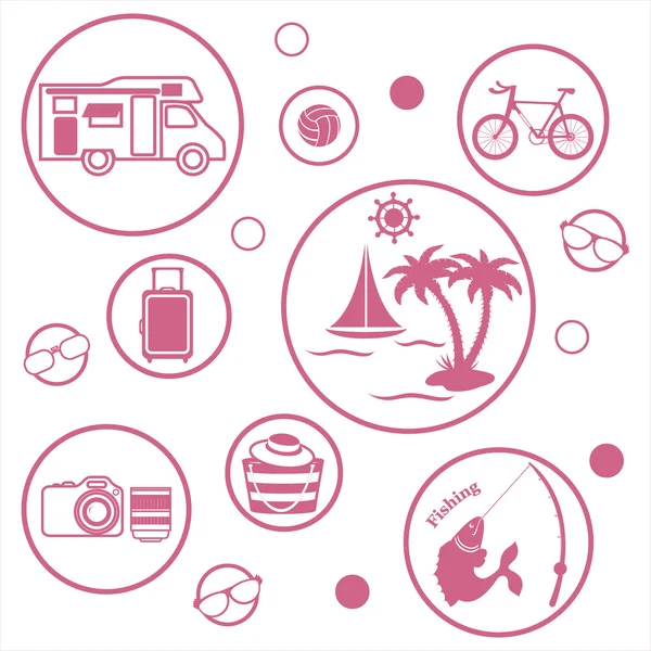 Conjunto de ícones estilizados de equipamentos de viagem e acessórios para relaxar em seu lazer em um fundo branco — Vetor de Stock