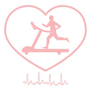 Kalp simgesi ve beyaz bir arka plan üzerinde kalp ritmi içinde bir koşu bandı üzerinde koşu adamın stilize simgesi