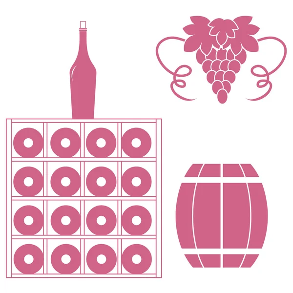 Stylized icon of a colored wine rack, bottles of wine, bunch of grapes and barrel of wine on a white background — Stock Vector